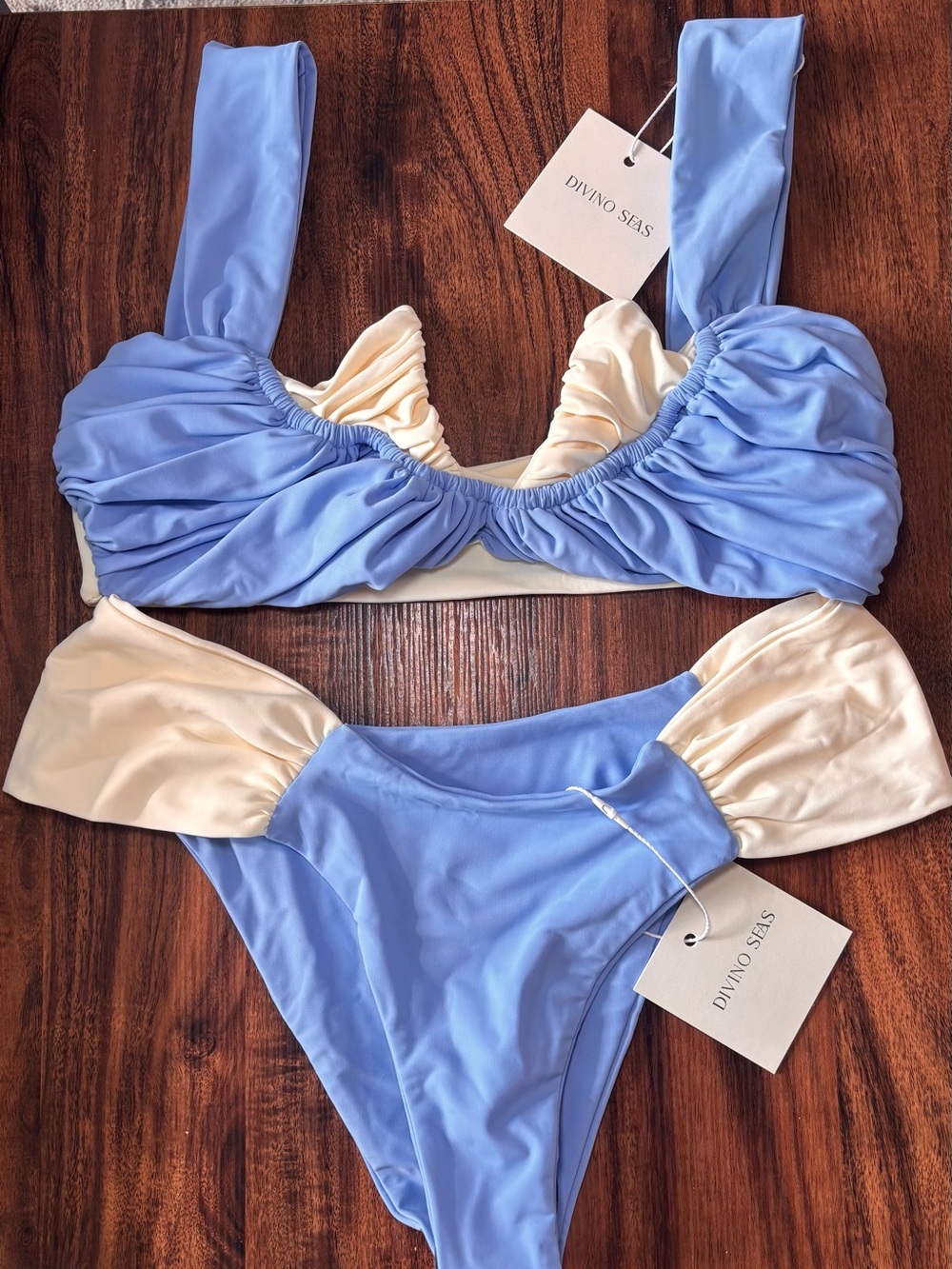 Divino Seas Two-Tone Ruched Bikini Top & Bottom - Light Blue & Cream